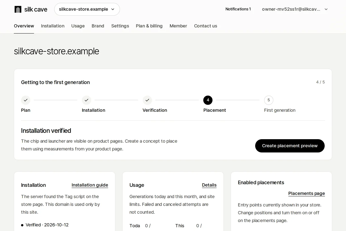 Silk Cave console overview showing verified installation and daily/monthly usage.
