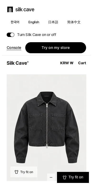 Jacket page in the Silk Cave demo store, with a Try fit on chip over the product photo.