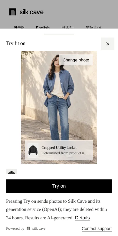 Try fit on sheet over the product page: jacket name above my photo and a Try on button below.