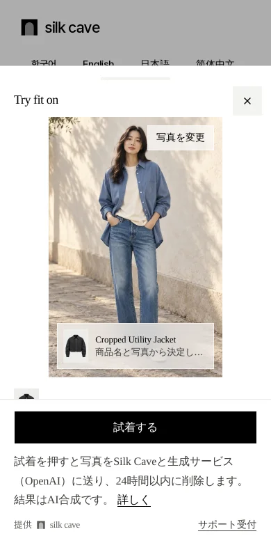 商品ページ上のTry fit onシート。写真の上にジャケット名、下に試着ボタンがあります。