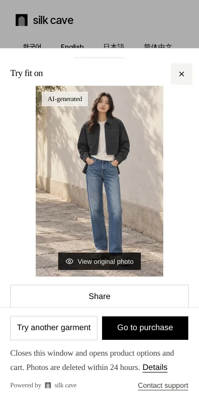 Sheet showing the jacket try-on result, an AI-generated label and Go to purchase.
